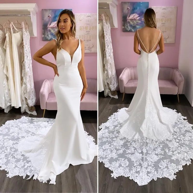 Hot Long Mermaid Ivory Satin Lace Wedding Gowns V Neck Dress sold by My Chic Dress