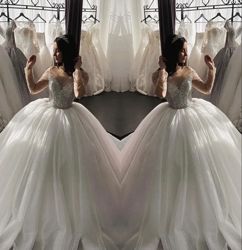 Luxury Sequin Crystals Ball Gown Wedding Dresses Long Sleeves Bridal Wear sold by My Chic Dress
