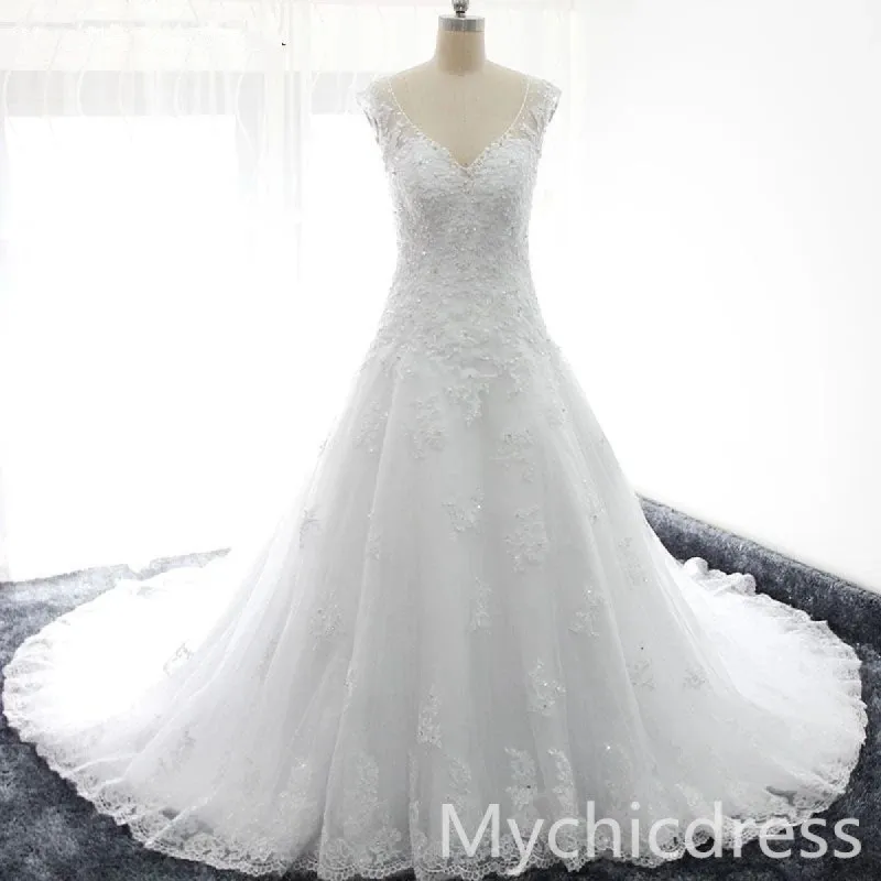 V Neck Lace Appliques Sequins Wedding Gowns Cap Sleeves sold by My Chic Dress