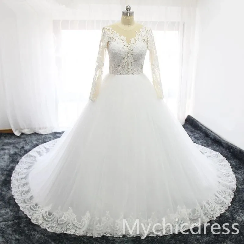 A Line Lace Tulle Ivory Vintage Wedding Dresses with Sleeves sold by My Chic Dress