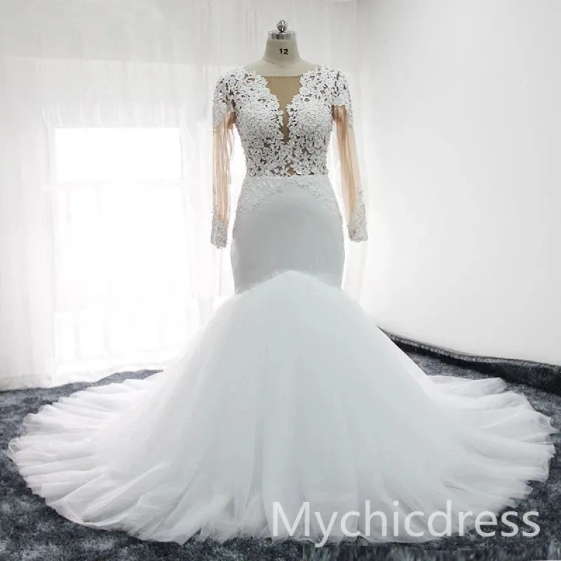Mermaid Lace Long Sleeves Brial Wears Appliques Tulle Gowns sold by My Chic Dress
