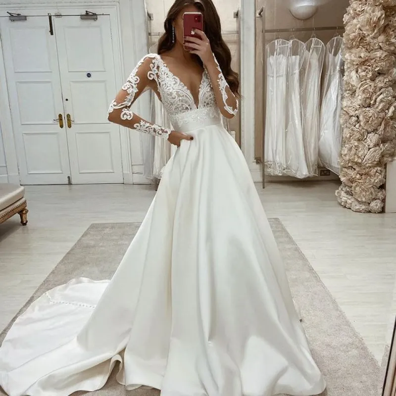 A Line Long Sleeves Ivory Lace Satin Wedding Dresses sold by My Chic Dress