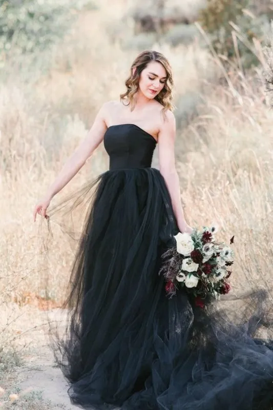 Black Wedding Dresses UK Strapless with Detachable Train sold by My Chic Dress