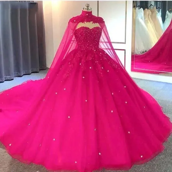 2025 Hot Pink Quinceanera Dresses Sweet 16 Ball Gown Detachable Cape sold by My Chic Dress product image thumbnail 2