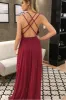 Deep V Neck Burgundy Bridesmaid Dresses High Slit Pleated Dress sold by My Chic Dress