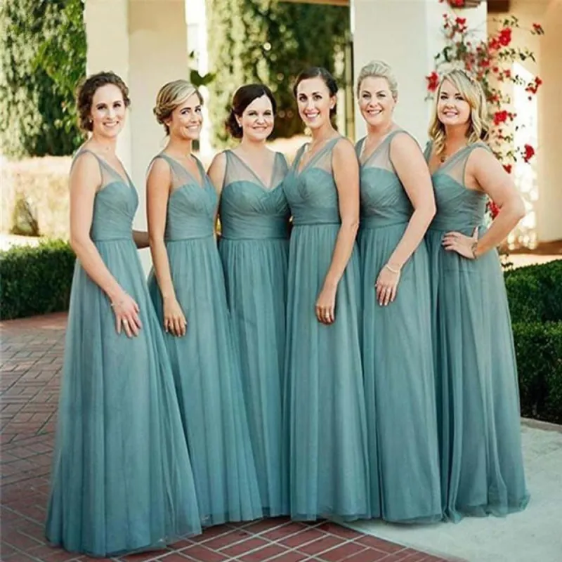 Sheath Floor-Length Tulle Dusty Blue Bridesmaid Dresses Sleeveless sold by My Chic Dress