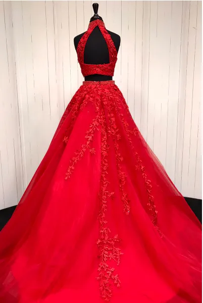 A Line Halter Lace Red 2 Piece Prom Dresses Tulle Evening Gown sold by My Chic Dress product image thumbnail 3