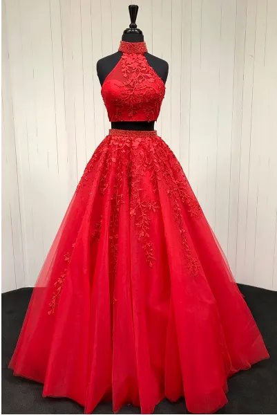 A Line Halter Lace Red 2 Piece Prom Dresses Tulle Evening Gown sold by My Chic Dress product image thumbnail 2