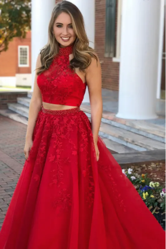 A Line Halter Lace Red 2 Piece Prom Dresses Tulle Evening Gown sold by My Chic Dress