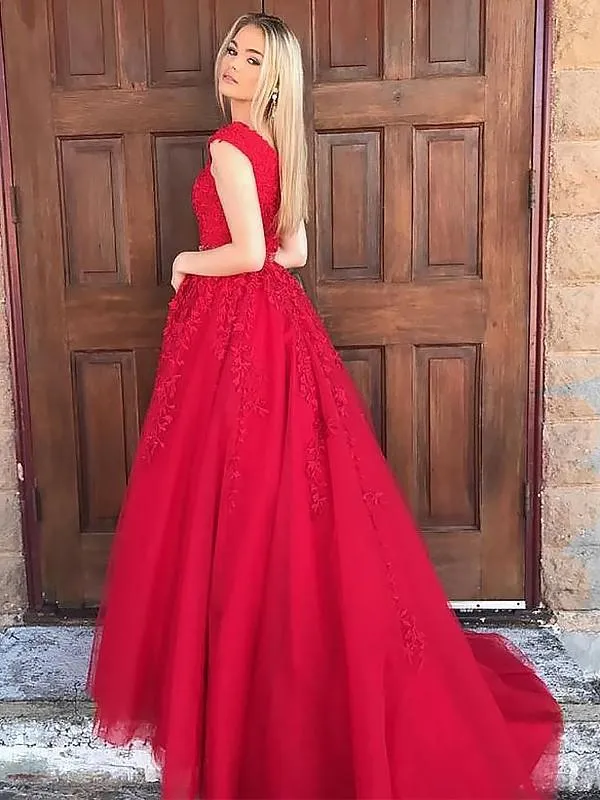 A Line Red Lace Prom Dresses Sleeveless V Neck Formal Dresses sold by My Chic Dress product image thumbnail 2