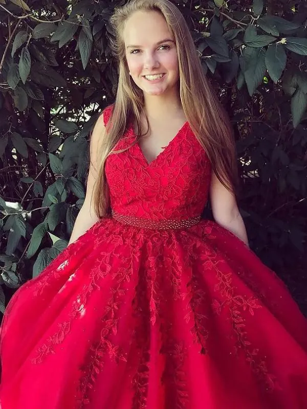 A Line Red Lace Prom Dresses Sleeveless V Neck Formal Dresses sold by My Chic Dress