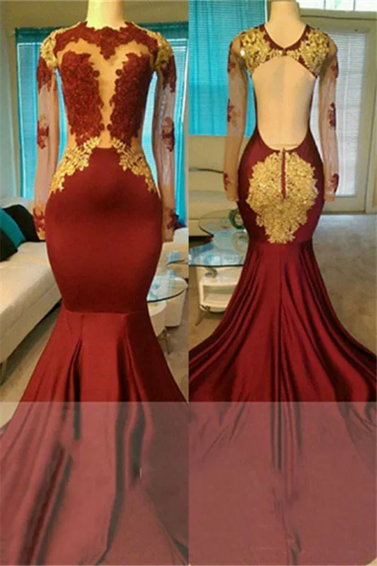Sexy Long Sleeves Open Back Burgundy Gold Prom Dresses On Sale sold by My Chic Dress product image thumbnail 2