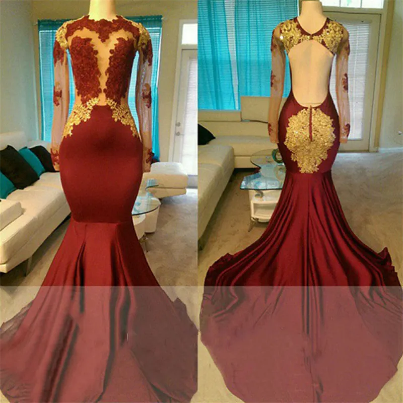 Sexy Long Sleeves Open Back Burgundy Gold Prom Dresses On Sale sold by My Chic Dress