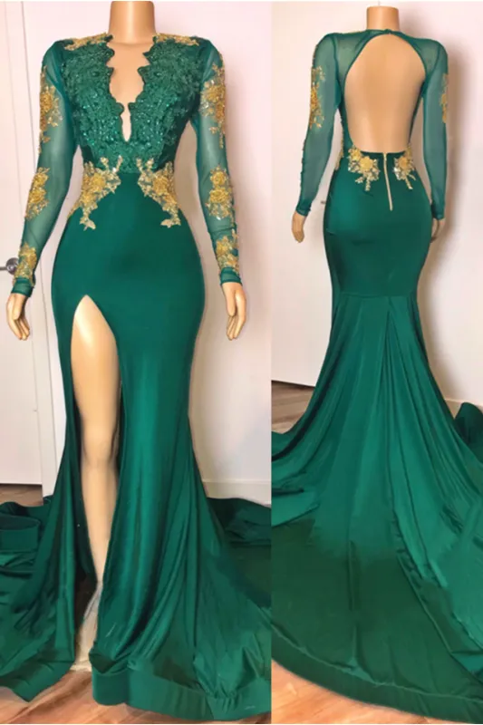 Sexy Long Sleeves Emerald Green Prom Dresses On Sale Open Back Side Slit sold by My Chic Dress product image thumbnail 4