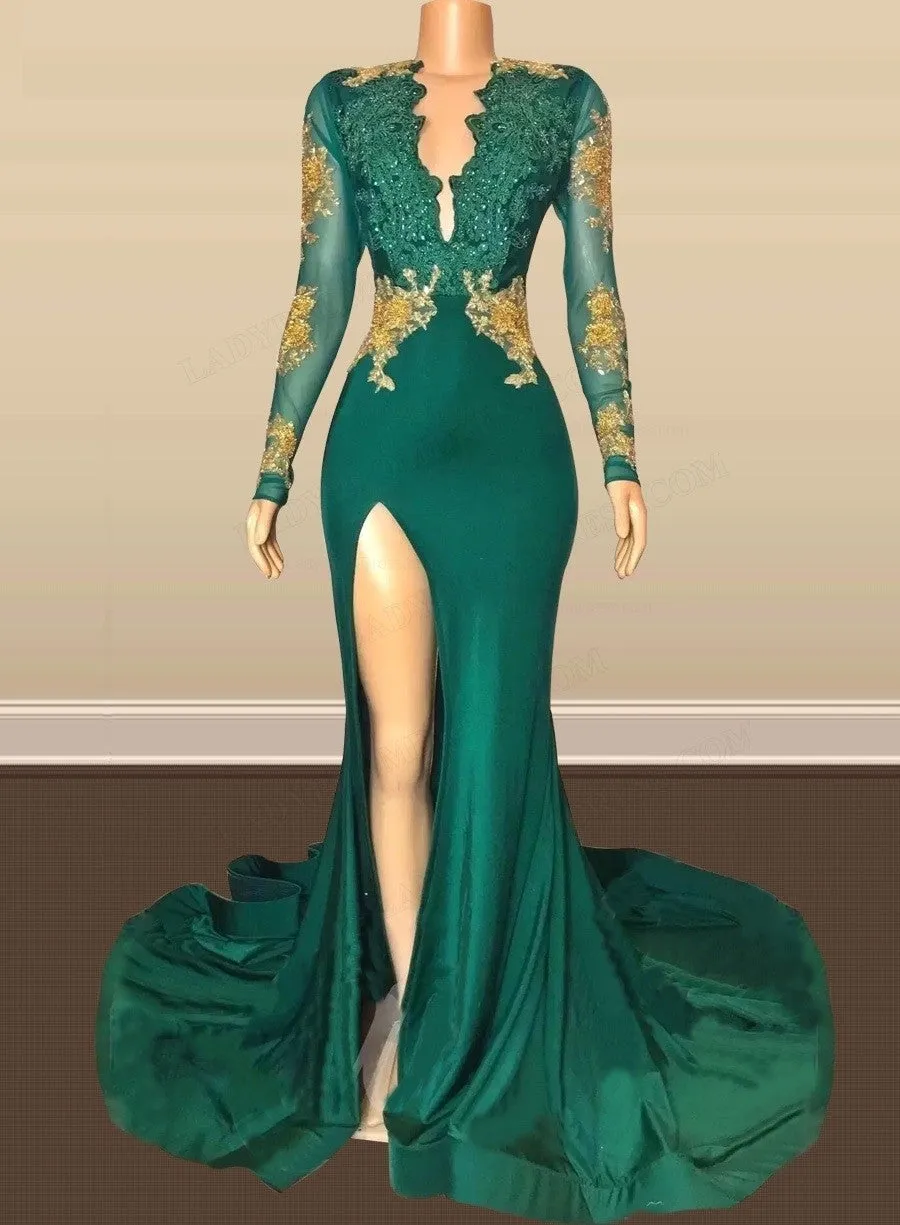 Sexy Long Sleeves Emerald Green Prom Dresses On Sale Open Back Side Slit sold by My Chic Dress product image thumbnail 2