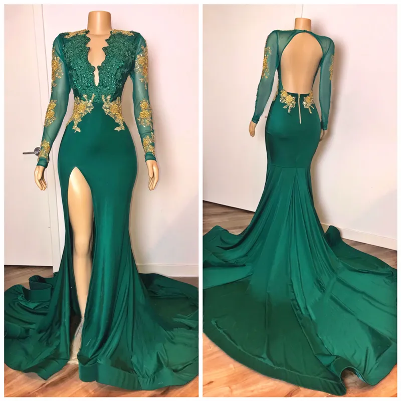Sexy Long Sleeves Emerald Green Prom Dresses On Sale Open Back Side Slit sold by My Chic Dress