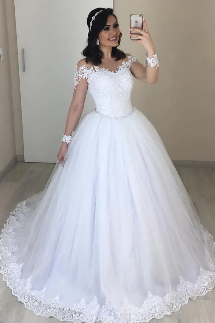 Ball Gown Lace Wedding Dresses Tulle Long Sleeves Bridal Wear sold by My Chic Dress