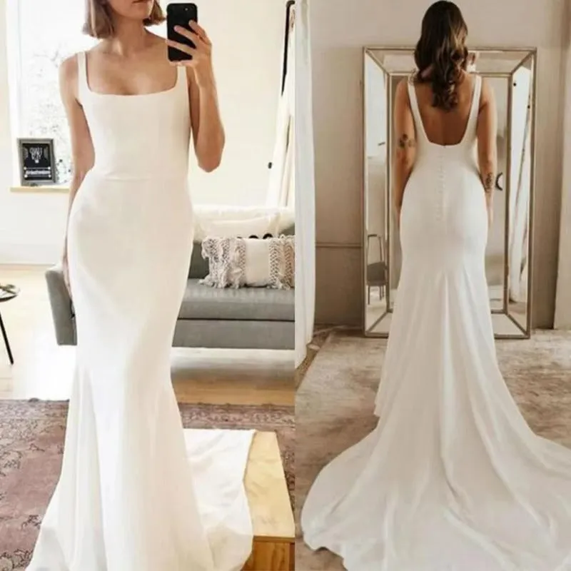 Long Square Ivory Mermaid Satin Summer Wedding Dresses sold by My Chic Dress product image thumbnail 3