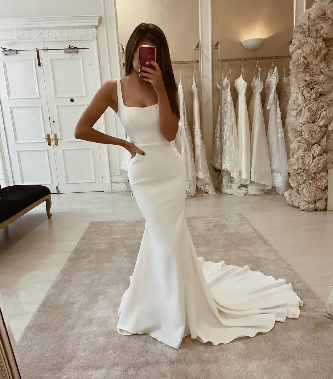Long Square Ivory Mermaid Satin Summer Wedding Dresses sold by My Chic Dress