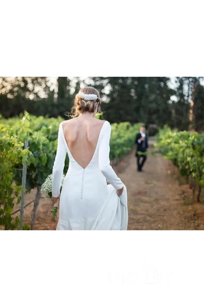 Simple Long Sleeves White Beach Wedding Dresses Low Back sold by My Chic Dress product image thumbnail 3