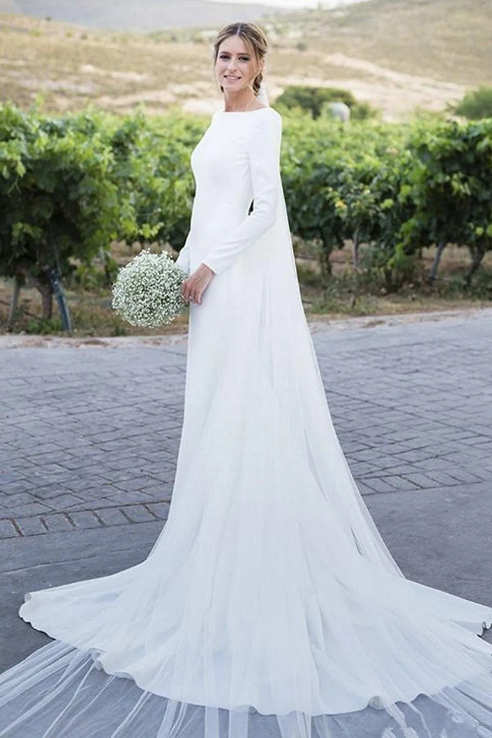 Simple Long Sleeves White Beach Wedding Dresses Low Back sold by My Chic Dress product image thumbnail 4