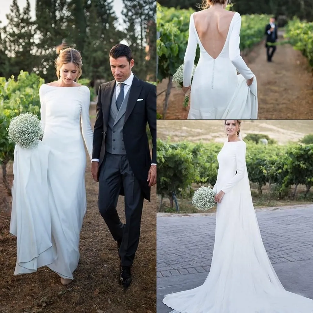 Simple Long Sleeves White Beach Wedding Dresses Low Back sold by My Chic Dress product image thumbnail 2