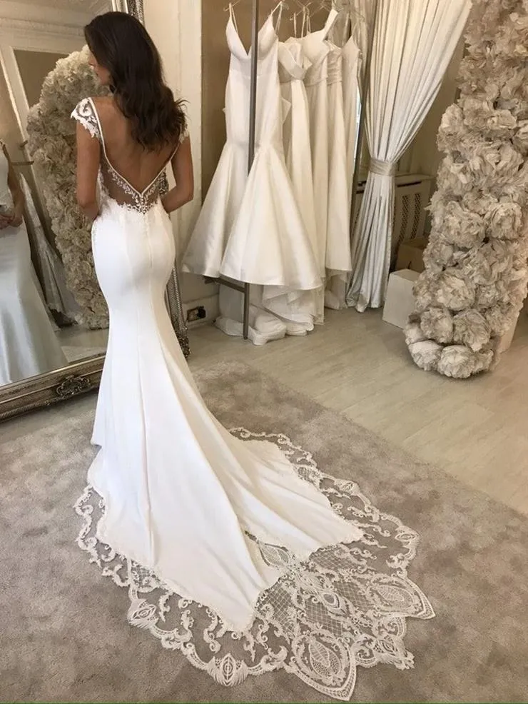 Mermaid V Neck Ivory Lace Chiffon Beach Boho Wedding Dresses sold by My Chic Dress product image thumbnail 2