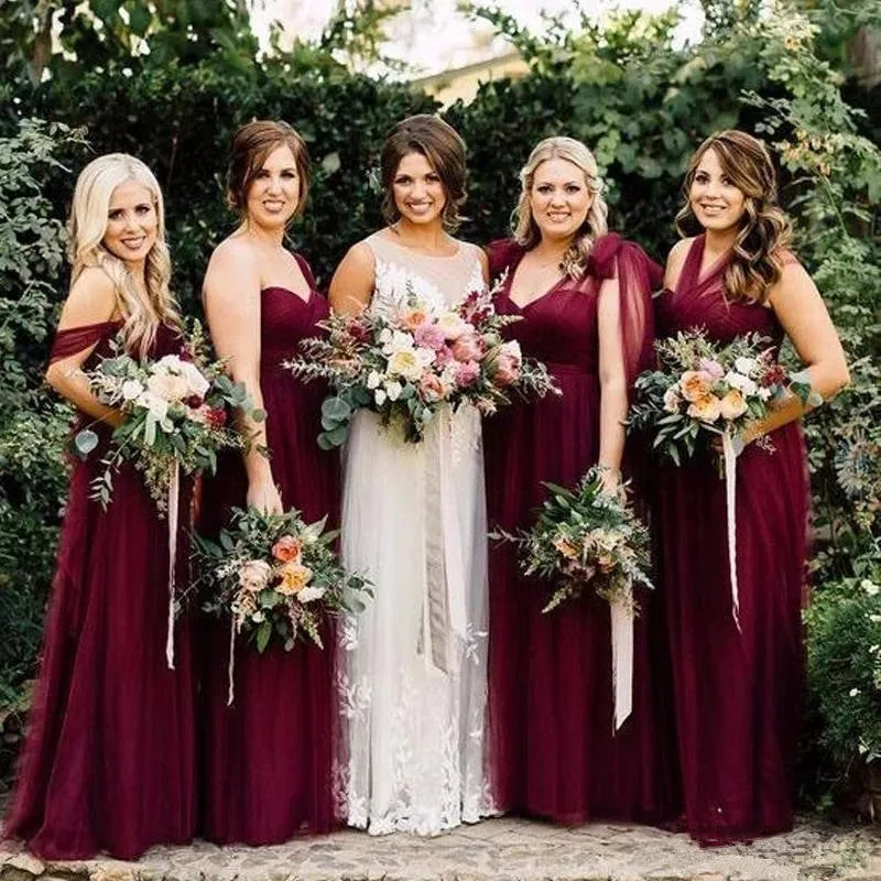 Sheath Chiffon Long Tulle Burgundy Convertible Bridesmaid Dresses sold by My Chic Dress
