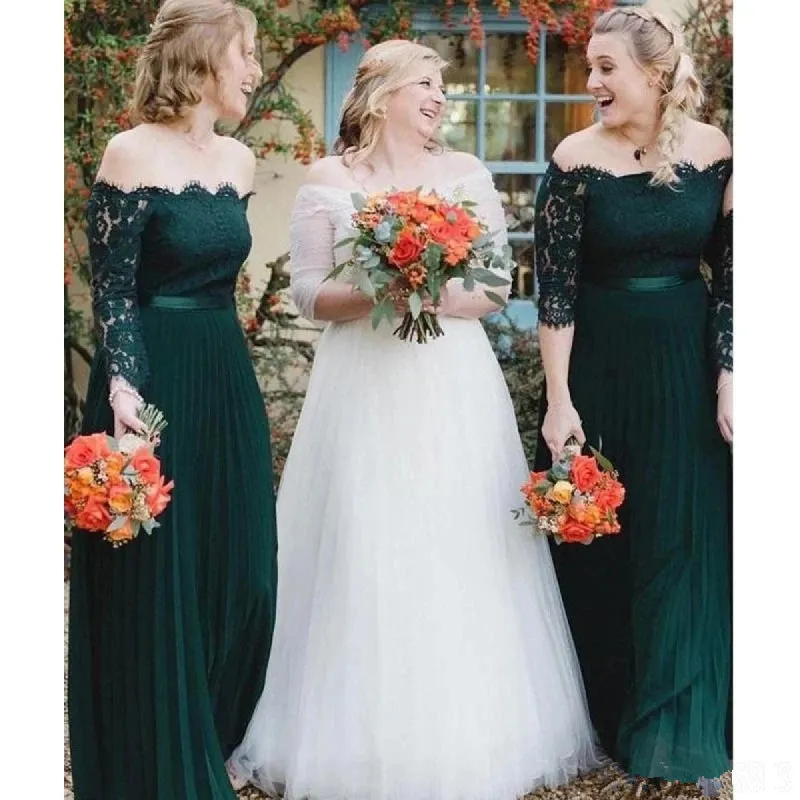 Hot Sale Off Shoulder Dark Green Lace Bridesmaid Dresses Half Sleeves sold by My Chic Dress