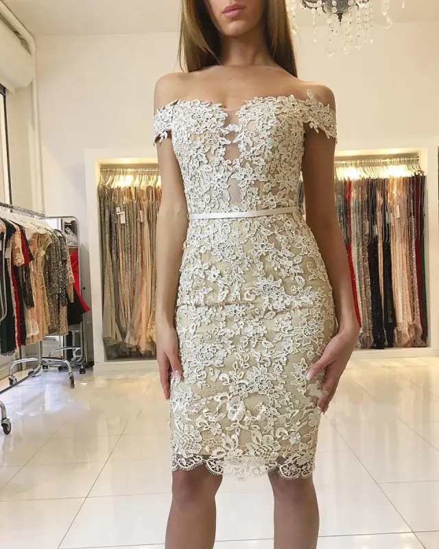 Short Off the Shoulder Mermaid Lace Champagne Prom Dresses sold by My Chic Dress