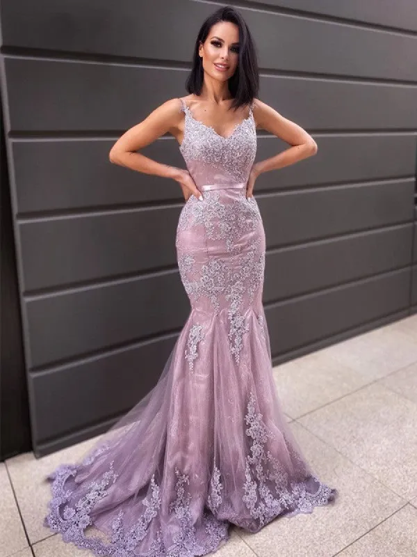 Hot V Neck Sleeveless Long Mermaid Lace Prom Dresses sold by My Chic Dress