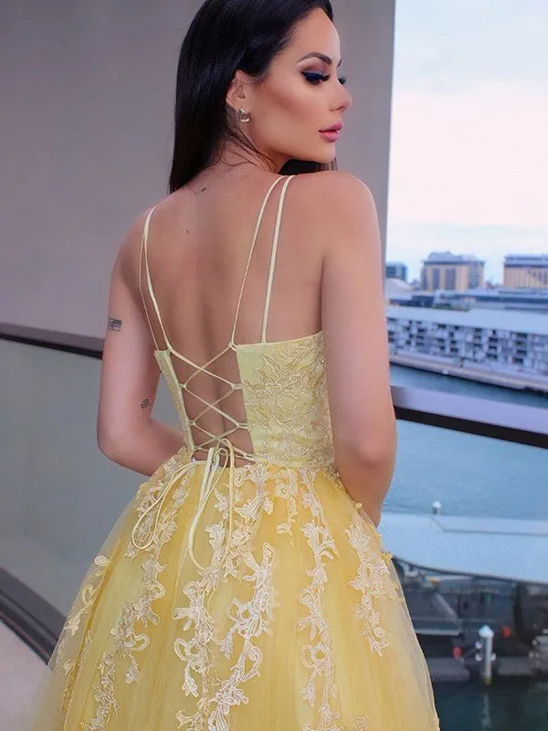 A Line Lace Long Sleeveless Prom Dresses Yellow Spaghettis Straps sold by My Chic Dress product image thumbnail 3