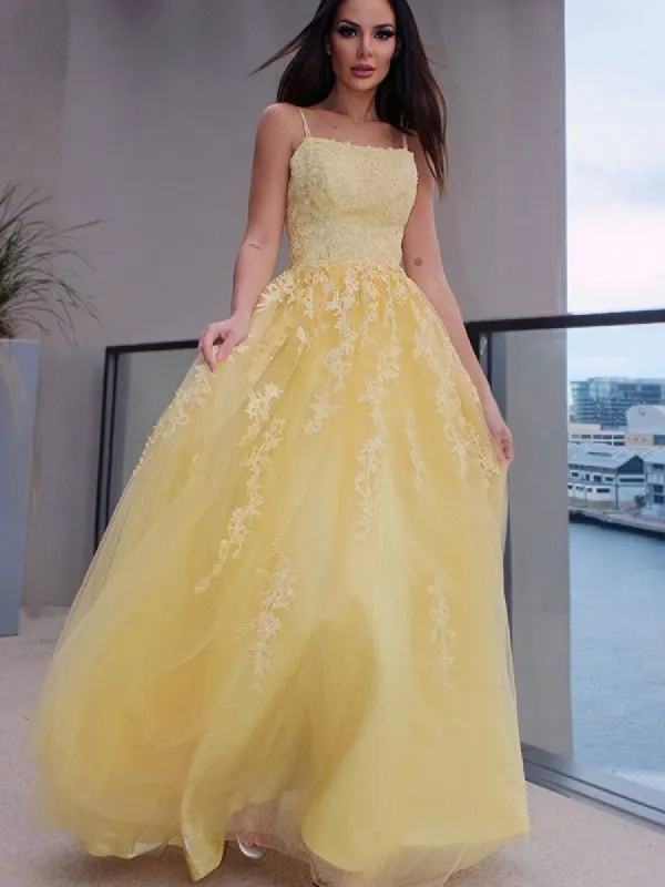 A Line Lace Long Sleeveless Prom Dresses Yellow Spaghettis Straps sold by My Chic Dress