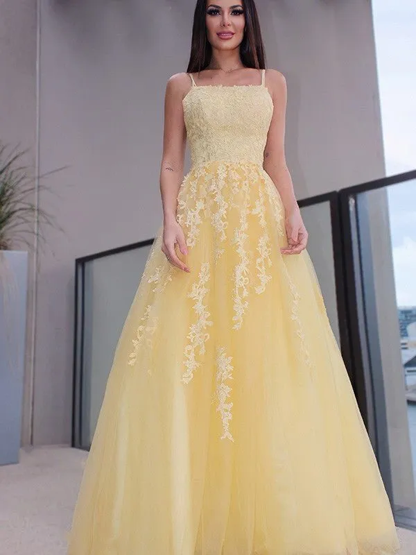 A Line Lace Long Sleeveless Prom Dresses Yellow Spaghettis Straps sold by My Chic Dress product image thumbnail 2