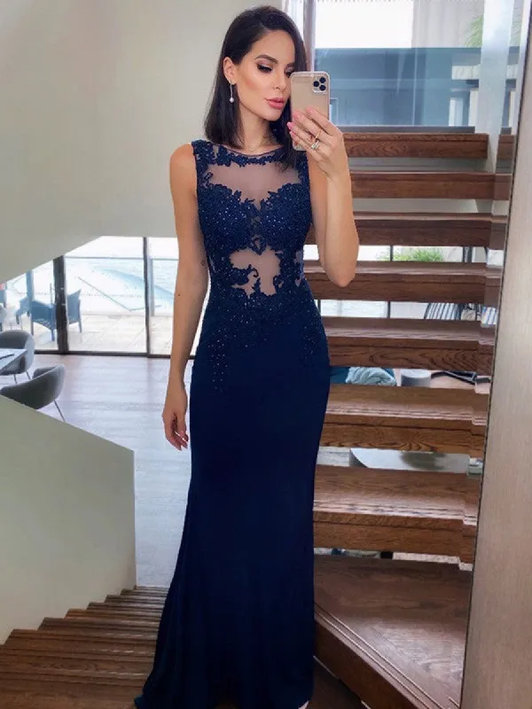 Sexy Mermaid Lace Navy Blue Prom Dresses Sleeveless Evening Gowns sold by My Chic Dress