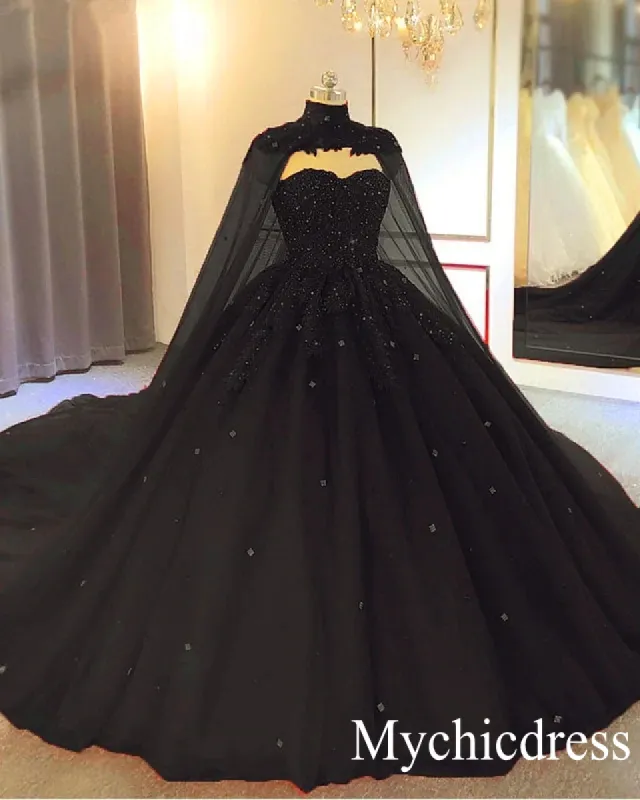 2025 Ball Gown Appliques Crystals Gothic Black Wedding Dresses Sleeveless with Cape sold by My Chic Dress