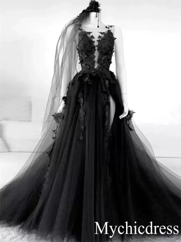 Sexy Black Lace Gothic Wedding Dresses Tulle Backless With Veil Free sold by My Chic Dress