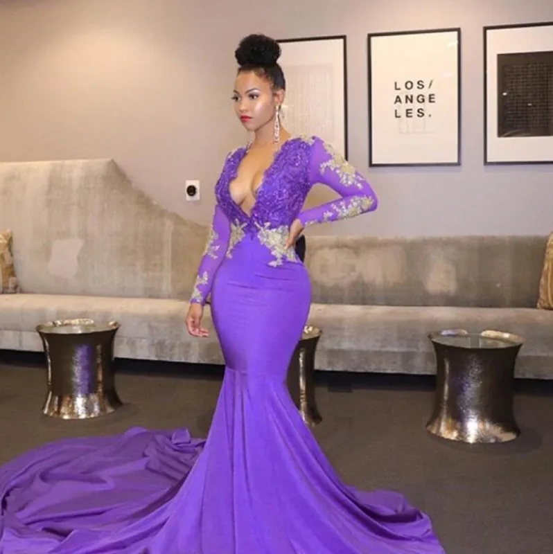 Long Sleeves Lace Applique Prom Dresses Purple D V Neck Evening Dress sold by My Chic Dress