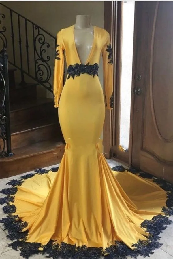 Deep V Neck Yellow Prom Dresses Black Lace Applique Evening Gown sold by My Chic Dress product image thumbnail 2