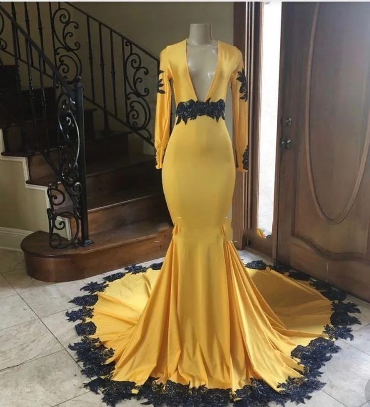 Deep V Neck Yellow Prom Dresses Black Lace Applique Evening Gown sold by My Chic Dress