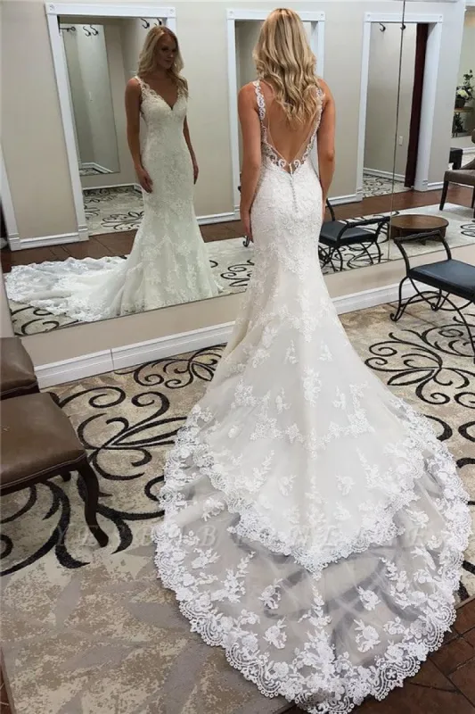 Gorgeous V Neck Backless Straps Mermaid Lace Wedding Dresses sold by My Chic Dress