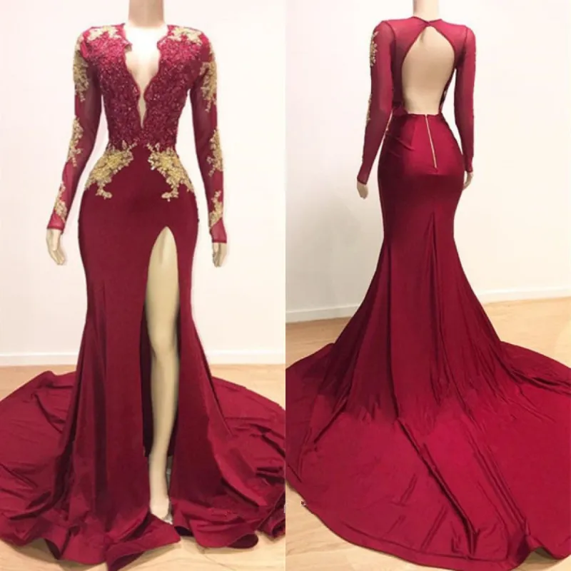 2025 Long Mermaid Gold Red Lace Prom Dresses Mermaid Formal Gowns sold by My Chic Dress