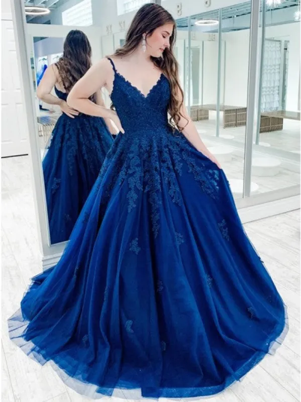 2025 A Line Blue Lace Prom Dresses Long Sleeveless Evening Gown sold by My Chic Dress