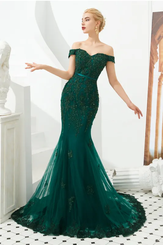 Mermaid Tulle Emerald Green Lace Prom Dress with Beaded sold by My Chic Dress