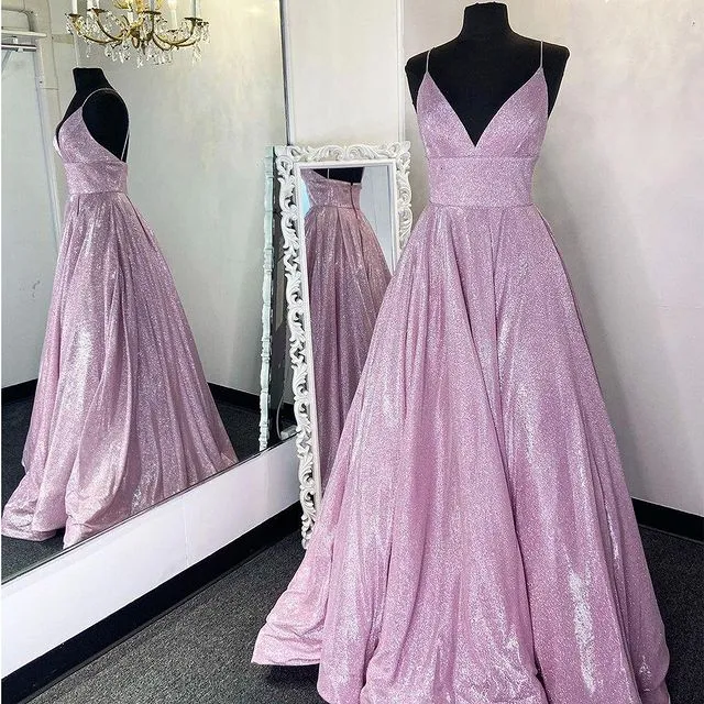A Line Spaghetti Strap Pink Glitter Metallic Prom Dresses With Pockets sold by My Chic Dress product image thumbnail 3