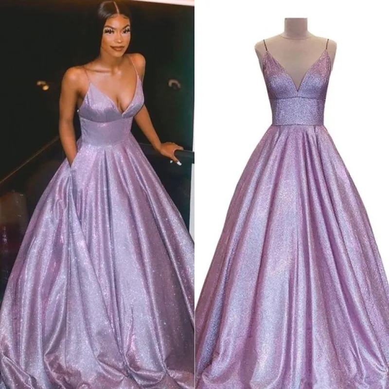 A Line Spaghetti Strap Pink Glitter Metallic Prom Dresses With Pockets sold by My Chic Dress