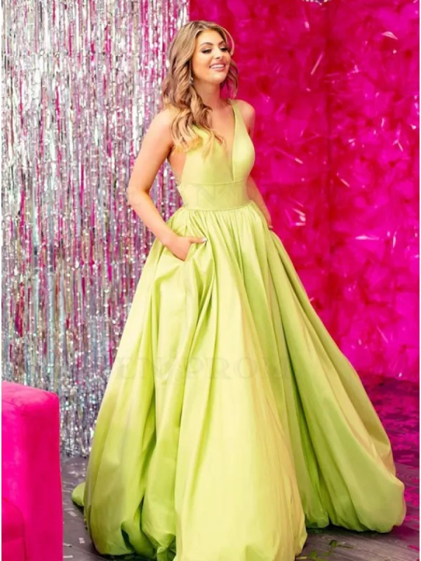 A Line Satin Yellow Prom Dresses Long V Neck with Pockets sold by My Chic Dress