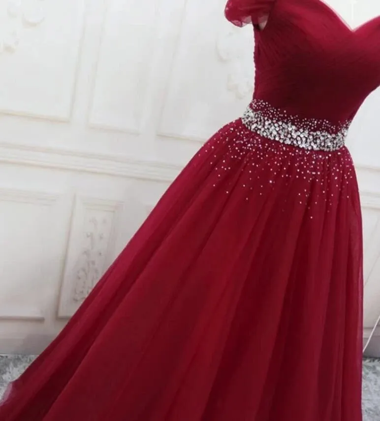 Off the Shoulder Tulle Beaded Long Red Prom Dresses Lace Up sold by My Chic Dress product image thumbnail 2