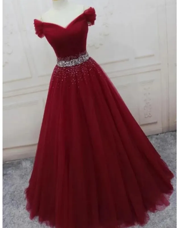 Off the Shoulder Tulle Beaded Long Red Prom Dresses Lace Up sold by My Chic Dress