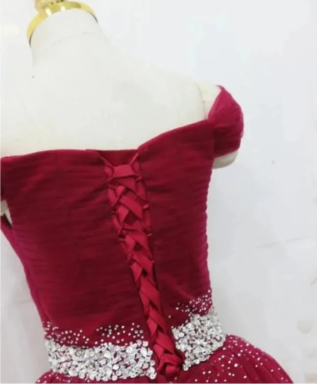 Off the Shoulder Tulle Beaded Long Red Prom Dresses Lace Up sold by My Chic Dress product image thumbnail 3